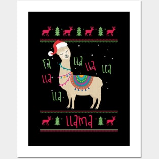 Funny Llama Christmas Ugly Sweater Santa Hat Gift T-Shirt Posters and Art